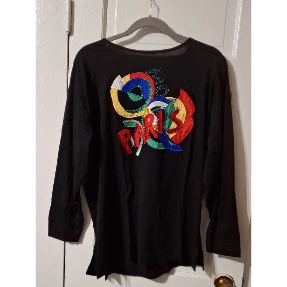 Carole Little Black Long-Sleeve Top with Multicolor Paris Applique (Mis227)
